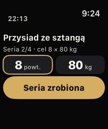 Apple Watch: bieżąca seria — przysiad ze sztangą, 8 powtórzeń, 80 kg i przycisk „Seria zrobiona”